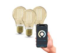CALEX Bombilla LED Inteligente E27, Filamento Dorado, WiFi App, pack de 3 | Un brillo cálido y decorativo con filamento dorado visible, con control por voz mediante Alexa o Google Home