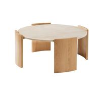 Calicosy Mesa de centro redonda con tapa efecto travertino y patas efecto madera, diámetro 80 cm - IZIA