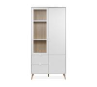 Calicosy - Vitrina de 2 puertas, 1 acristalado, 5 estantes, 2 cajones decoración blanco y roble H190 cm - KLINT