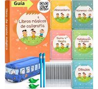 Caligrafia Niños de 4 hasta 8 Años - Cuaderno Caligrafia Infantil Aprender a Escribir y Dibujar - 5 Libros Magicos de Escritura Trazado de Lineas -Incluye Boligrafos Magicos, 20 Recambios y un Estuche