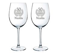 CALLEDELREGALO Copas de Vino Personalizadas con Texto Grabado, Vidrio, Set de 2, Reutilizables, Ideales para Regalo (CORONA DE LAUREL)