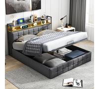 Cama 140x190 con Almacenaje, Canape con LED y Toma, Base Cama, Camas Matrimoniales, Cama Plegable, Somier, Bed Frame, Tela de Lino Gris, Dormitorio Juvenil
