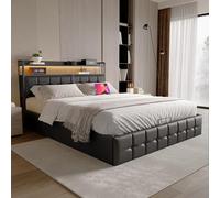 Cama 140x190 con Almacenaje, Canape con LED y Toma, Base Cama, Camas Matrimoniales, Cama Plegable, Somier, Bed Frame, PU Negro, Dormitorio Juvenil