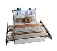Cama 180x200cm, 4 cajones, led, usb, tipo-c, cajón cama, terciopelo, beige