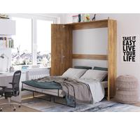 Cama abatible con armario modelo TEDDY, 160x200, color burdeos y roble, diseño vertical. Cama abatible con armario, armario con cama abatible integrada, cama funcional que incluye somier
