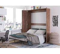 Cama abatible con armario modelo TEDDY, tamaño 160x200, acabado en roble "Craft Tobacco", diseño vertical. Cama abatible con armario integrado, mueble con cama plegable, cama funcional que incluye som