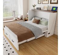 Cama abatible de 140x200 cm con estructura extensible y espacio de almacenamiento, marco de metal, toma de corriente según estándar europeo, ruedas silenciosas, color blanco