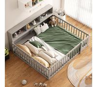 Cama abatible de 140x200 cm con somier de láminas, cama infantil para colocar en el suelo con espacio de almacenamiento, cama de madera con barandilla (sin colchón) - gris