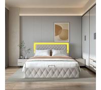 Cama abatible de matrimonio - 140x200 cm - Terciopelo beige - Mueble para dormir con iluminación LED