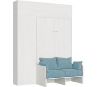 Cama abatible de tamaño queen Kentaro de 120 cm, con sofá y muebles en blanco, fresno y azul claro