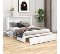 Cama abatible Flieks de 140x200 cm con somier, cama doble con cajón y 2 estantes, cama plegable, cama mural, cama funcional, cama para jóvenes, color blanco