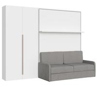 Cama Abatible Francesa Vertical Versia Sofà 140 Con Sofá, Estante Y Armario Izquierdo 2 Puertas Blanco