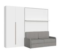 Cama abatible francesa vertical Versia Sofà 140 con sofá, estante y armario izquierdo 2 puertas Blanco - Itamoby