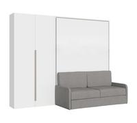 Cama Abatible Francesa Vertical Versia Sofà 140 Con Sofá, Estante Y Armario Izquierdo 2 Puertas Blanco
