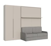 Cama abatible francesa vertical Versia Sofà 140 con sofá, estante y armario izquierdo de 2 puertas Clay - Itamoby