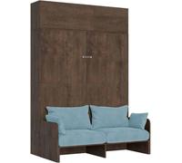 Cama abatible Kentaro de 160 cm para cama doble, con sofá y armario empotrado, en madera de nuez, color azul claro