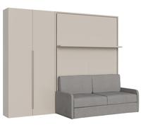 Cama Abatible Francesa Vertical Versia Sofà 140 Con Sofá, Estante Y Armario Izquierdo De 2 Puertas Clay