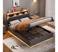 Cama acolchada de 140 x 190 cm con espacio de almacenamiento, cama funcional juvenil de 140 x 190 cm, con cajón hidráulico, compartimento de almacenamiento de dos niveles, cama individual en gris