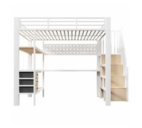 Cama alta 140x200 cm - estructura metálica con estante, cajón, panel perforado, escritorio, enchufe y luz led, sin colchón - blanco
