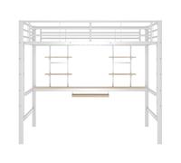 Cama alta 140x200 - con escritorio y 2 estanterías, metálica - blanca