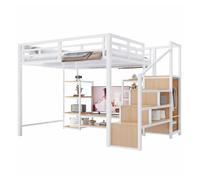 Cama alta 140x200 - con soporte para tv, toma de corriente y escalera de seguridad, combinación metálica y madera, moderna y ahorradora de espacio, cama infantil con almacenamiento práctico - blanca