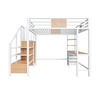 Cama alta 140x200 - metálica con escritorio, estantes, barra de ropa, luz led y enchufe - blanca