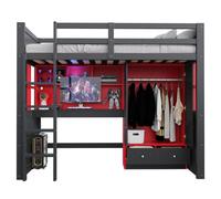 Cama alta 90 x 200 cm con escritorio, armario y LED, estilo gaming, cuna | Cama alta completa para juegos: cama, escritorio, armario y LED. Ahorra espacio y crea orden. Madera maciza, soporta 120 kg.