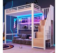 Cama alta, 90 x 200 cm, estructura de hierro, armario, escalera con espacio de almacenamiento, rejilla para colgar objetos, espacio libre debajo de la cama
