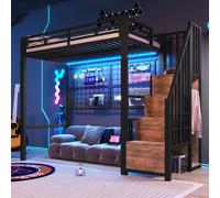 Cama alta, 90 x 200 cm, estructura de hierro, armario, escalera con espacio de almacenamiento, rejilla para colgar objetos, espacio libre debajo de la cama