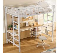 Cama alta 90 x 200 cm, litera con barrera anticaídas, para niños | Cama individual juvenil con escalera lateral, mesa y estantes, cuna, cama de hierro, sin colchón