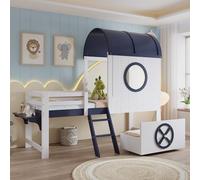 Cama alta 90 x 200 cm, litera con techo y ventana, cajón con ruedas | Cama individual, cuna con protección anticaídas, somieres y escaleras inclinadas, cama de madera de pino, sin colchón