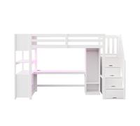 Cama alta 90x200 - armario, escritorio, escalera con almacenaje, led y enchufes - blanca