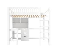 Cama alta 90x200 cm - con estanterías, escritorio, 3 cajones, escalera - blanca