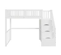 Cama alta 90x200 cm - escalera de seguridad y almacenamiento - estructura de madera maciza - blanca