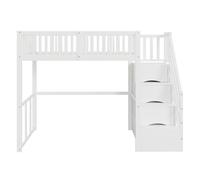 Cama alta 90x200 cm - escalera de seguridad y almacenamiento - estructura de madera maciza - blanca