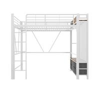 Cama alta 90x200 cm - estructura hierro, barra para secar, estantes, 4 cajones, usb+type-c, led, barandilla, escalera, tablero perforado - blanco