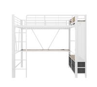 Cama alta 90x200 cm - hierro, escritorio, barra, estantes, 4 cajones, usb+type-c, led, barandilla, escalera, tablero perforado - blanco