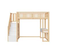 Cama alta 90x200 cm - mesa multifuncional, escalera de almacenamiento segura - blanco y roble claro