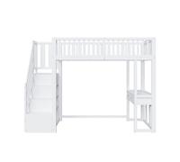 Cama alta 90x200 cm - mesa multifuncional, escalera de almacenamiento segura, estructura de madera de pino, blanca
