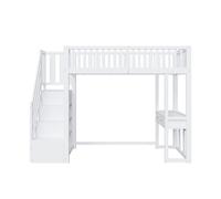 Cama alta 90x200 cm - mesa multifuncional, escalera de almacenamiento segura, estructura de madera de pino, blanca