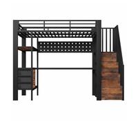 Cama alta 90x200 cm - metálica con escritorio, cajón, panel perforado, estantería, enchufe y luz led, sin colchón - negro