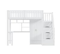 Cama alta 90x200 - con armario, estantería, mesa y escalera, estructura de madera, blanca