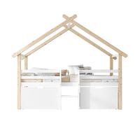 Cama alta cabaña infantil,cama individual de madera de pino y mdf 90x200cm con 2 cajónes,escalera y protección contra caídas,blanco