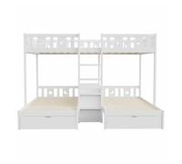 Cama alta + cama inferior 140x220/90x200 - con escalera, almacenamiento y dos cajones, barandilla de seguridad con diseño de estrellas y luna, marco de madera maciza - blanco