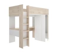 Cama alta con escritorio y armario biniki, blanco / roble , 205 x 112 x 177 cm, cama alta con escritorio y armario juvenil 112 cm