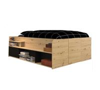 Cama alta con somier incluido y espacio de almacenamiento en color roble y negro 135/140x193/200 cm