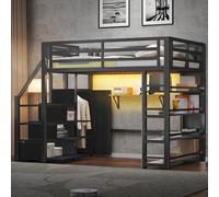 Cama alta de 140 x 200 cm, cama doble con área de estudio integrada y mucho | Cama infantil con iluminación LED, puertos USB, espacio de almacenamiento y armario, cama juvenil con protección anticaída y