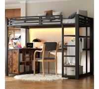 Cama alta de 140 x 200 cm, cama doble con área de estudio integrada y mucho | Cama infantil con iluminación LED, puertos USB, espacio de almacenamiento y armario, cama juvenil con protección anticaída y