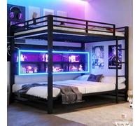 Cama alta de 140 x 200 cm con luces LED y 6 armarios. Litera de metal para cama de matrimonio con seguridad garantizada. Estructura de cama de hierro para adar, litera para niños, sin colchón (negro)