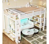 Cama alta de 140x200 con colchón, cama para jóvenes con pared perforada y luces LED, cama individual con armario abierto y estante, cama funcional con compartimentos de almacenamiento, color blanco